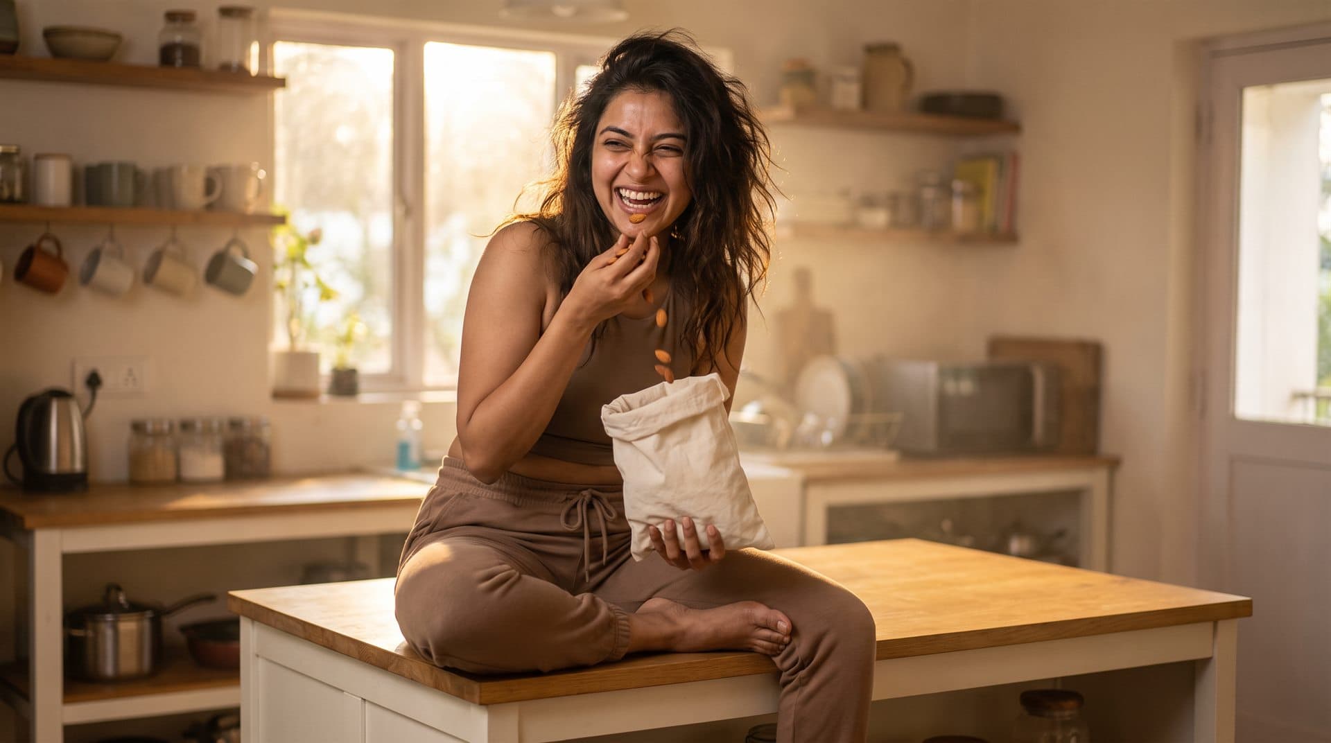 A young woman snacking on almonds straight from the pouch in a sunlit kitchen