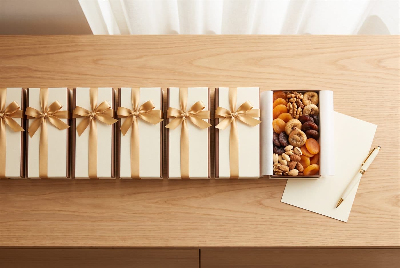 A row of premium corporate dry fruit gift boxes with gold ribbons