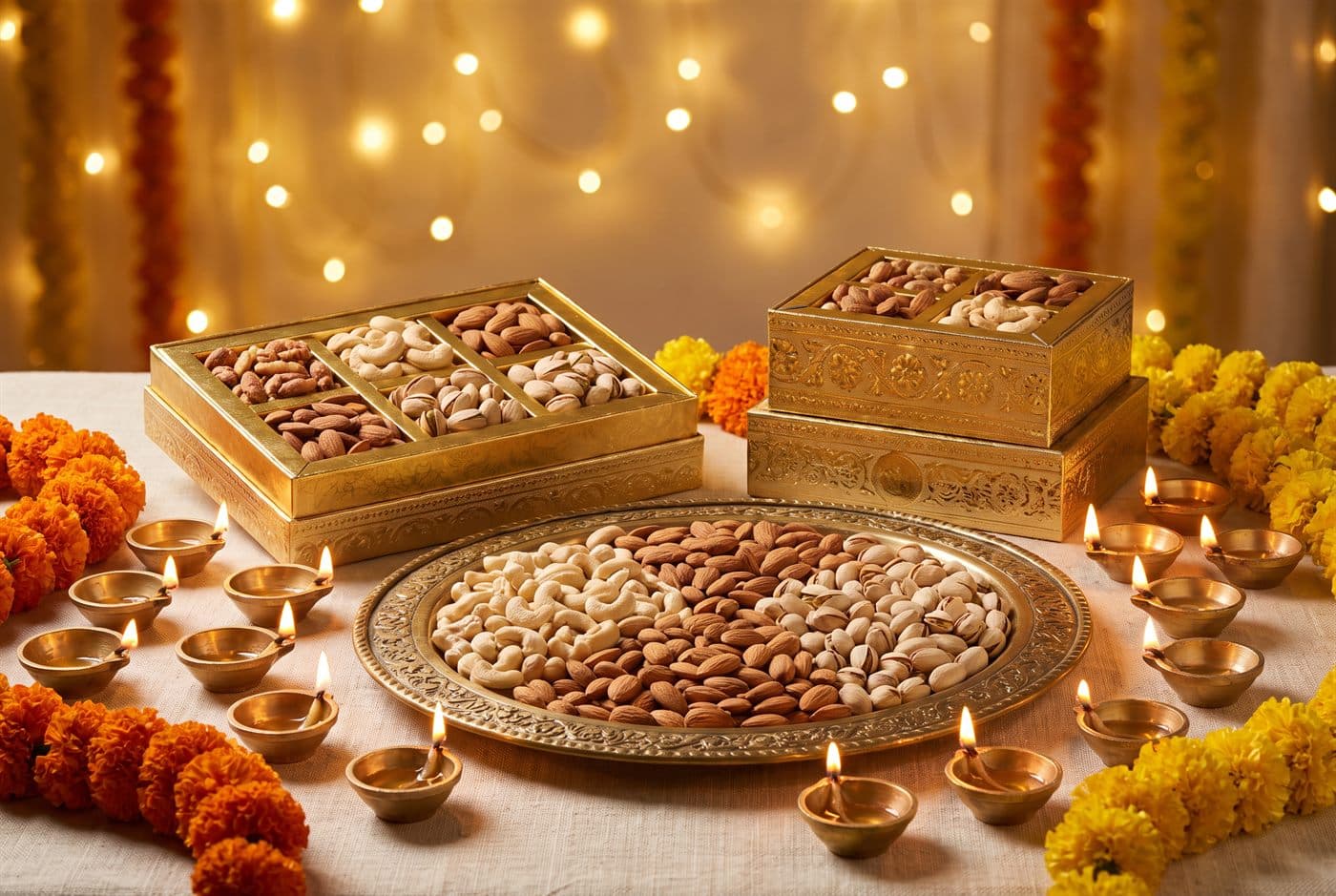 Diwali dry fruit gift boxes and a brass tray surrounded by diyas and marigolds