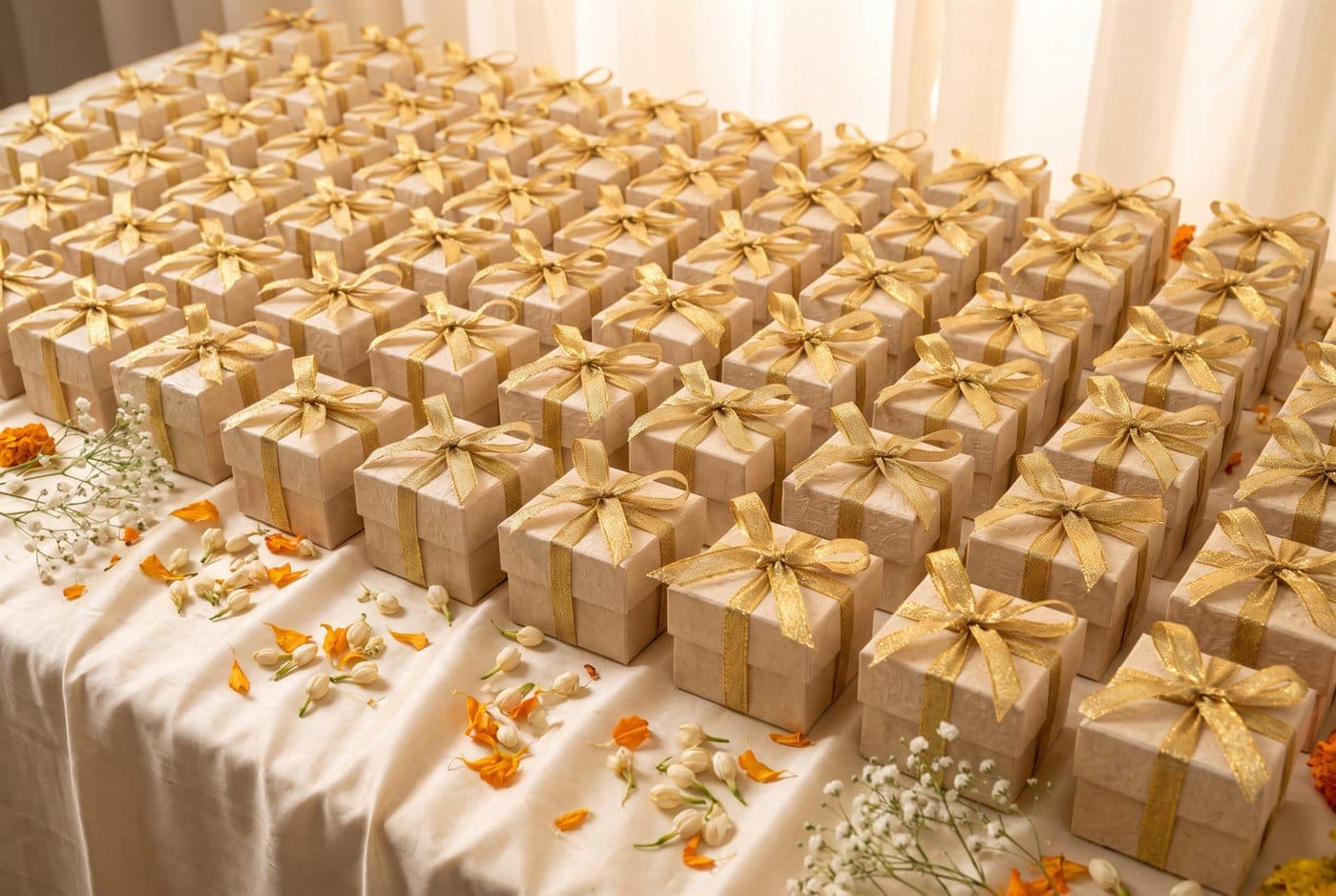 Rows of small dry fruit favour boxes with gold ribbons for a wedding